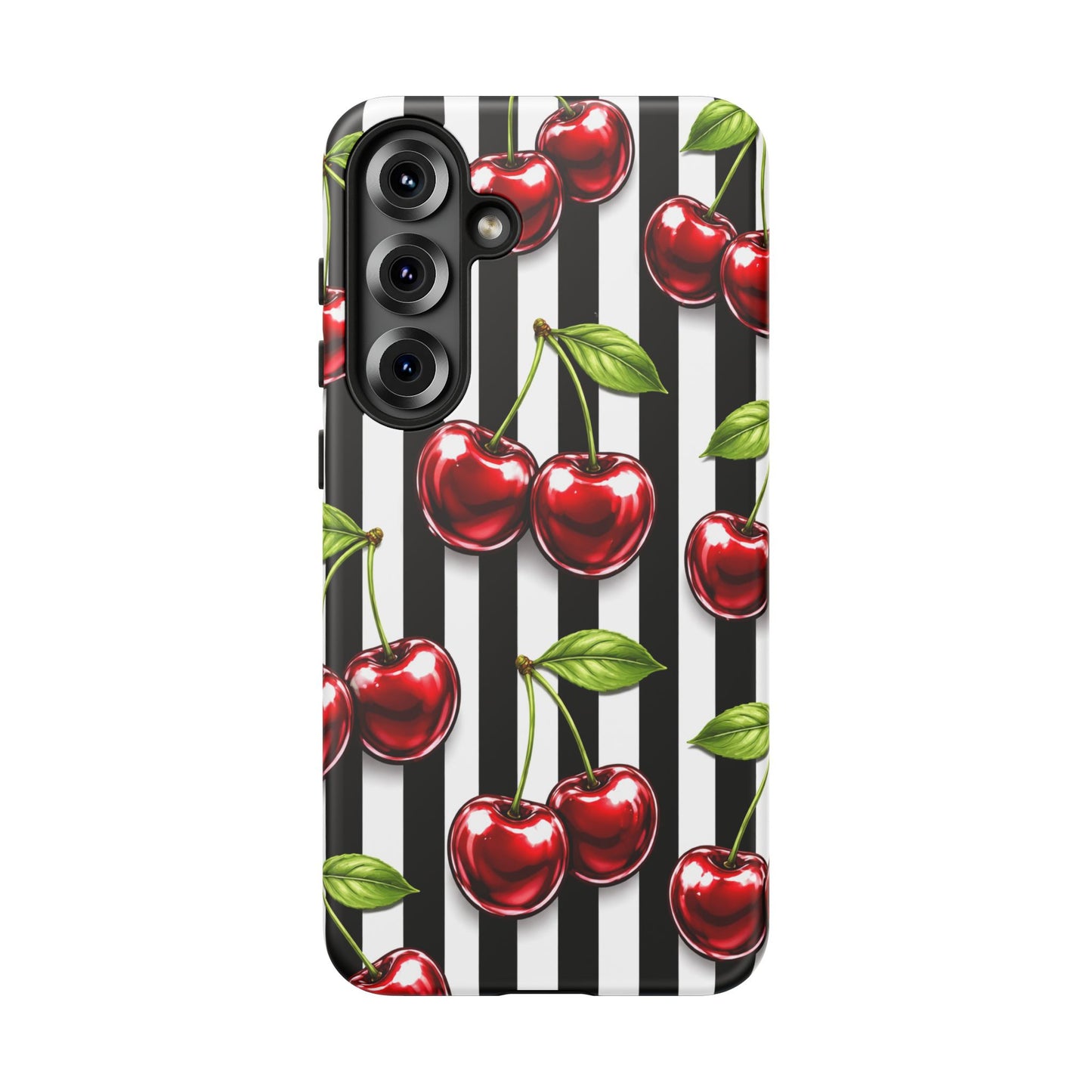 Cherry Pattern Phone Case Black White Stripe Retro Aesthetic Tough Cover