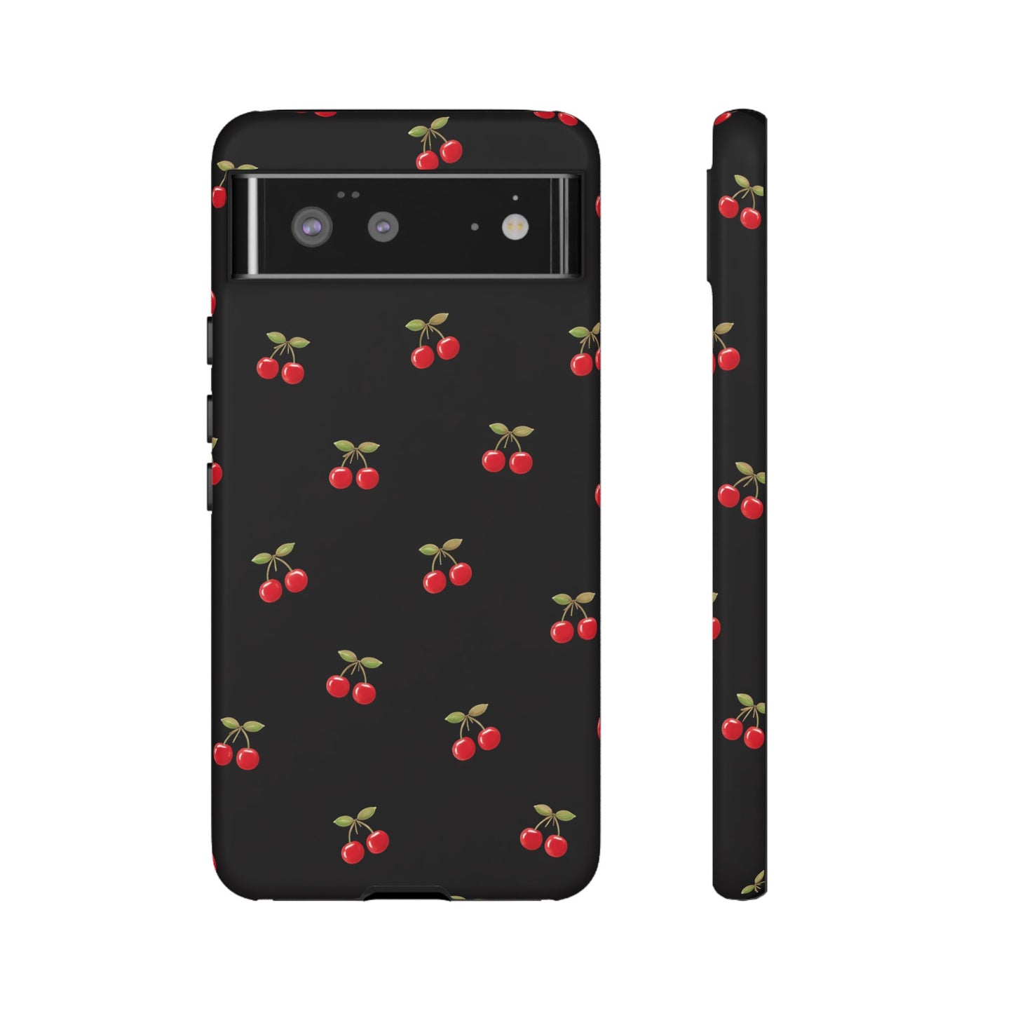 Cherry Pattern Phone Case — Slim Black Protective iPhone Case with Red Cherries for Iphone, Samsung Galaxy and Pixel