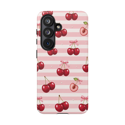 Coquette Cherry Bow Phone Case | Cute Pink Aesthetic Cherry Pattern Tough Case for iPhone & Samsung