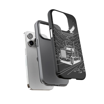Trucker Highway Phone Case | Eagle & Mountain Line Art | Black Western Tough Case