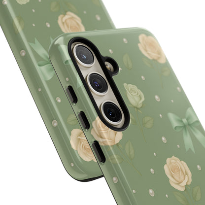 Vintage Rose Bow Phone Case – Sage Green Floral Coquette Aesthetic Tough Case (iPhone, Samsung, Pixel)