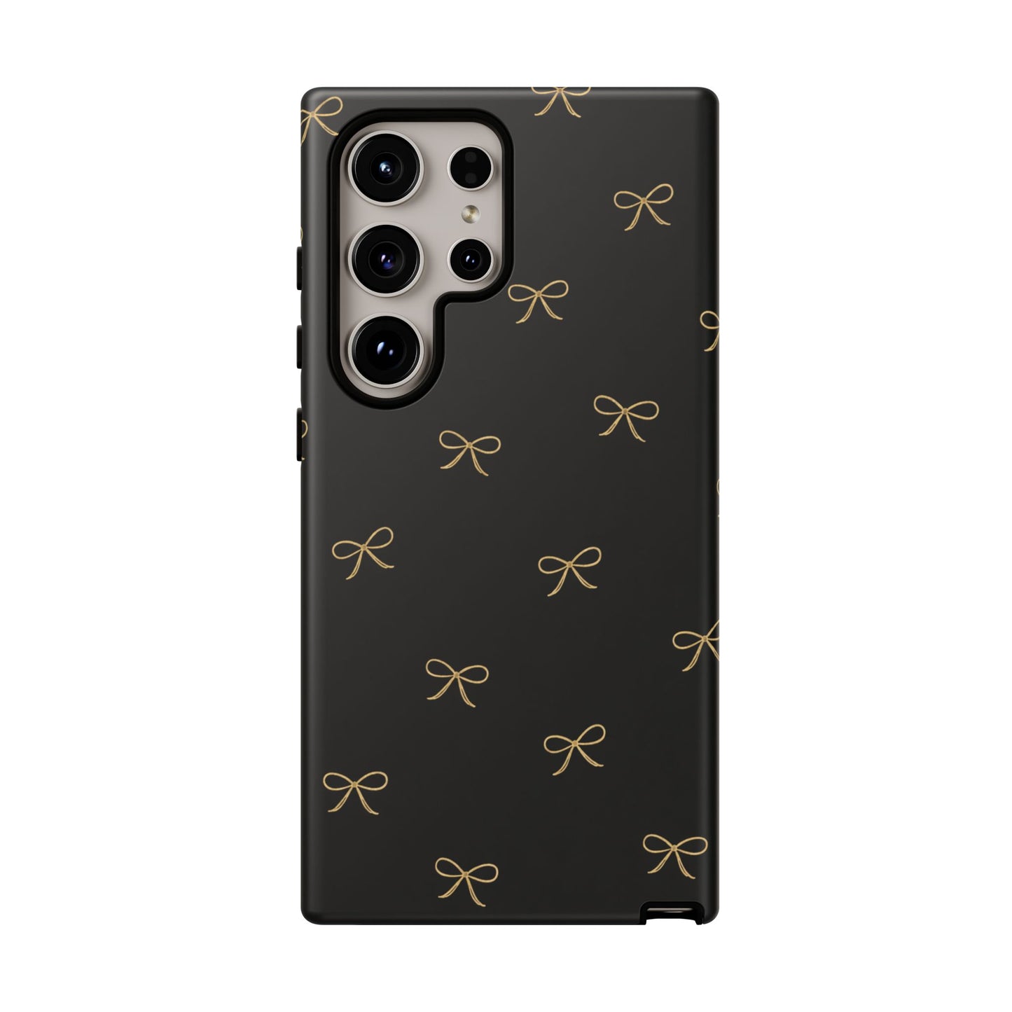 Black Phone Case with Gold Bow Pattern – Slim Protective Cute Aesthetic Cover for Iphone, Samsung Galaxy and Pixel