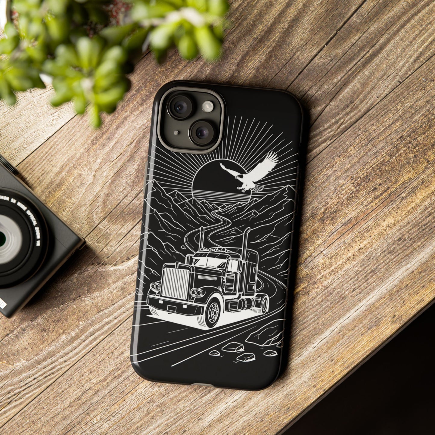 Trucker Highway Phone Case | Eagle & Mountain Line Art | Black Western Tough Case