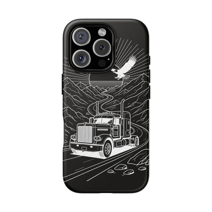 Trucker Highway Phone Case | Eagle & Mountain Line Art | Black Western Tough Case