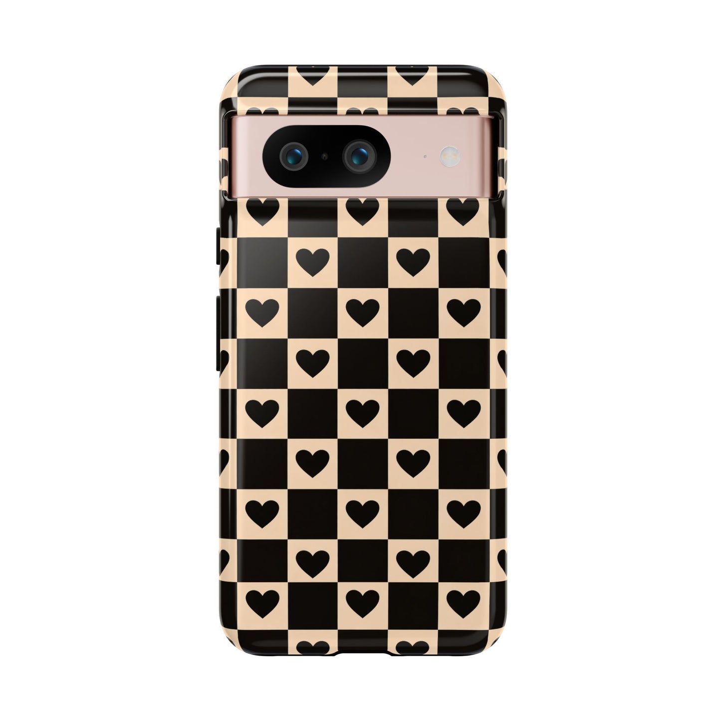 Checkerboard Heart Phone Case – Black & Beige Cute Aesthetic Protective Cover for Iphone, Samsung Galaxy and Pixel