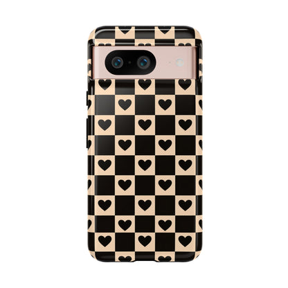 Checkerboard Heart Phone Case – Black & Beige Cute Aesthetic Protective Cover for Iphone, Samsung Galaxy and Pixel