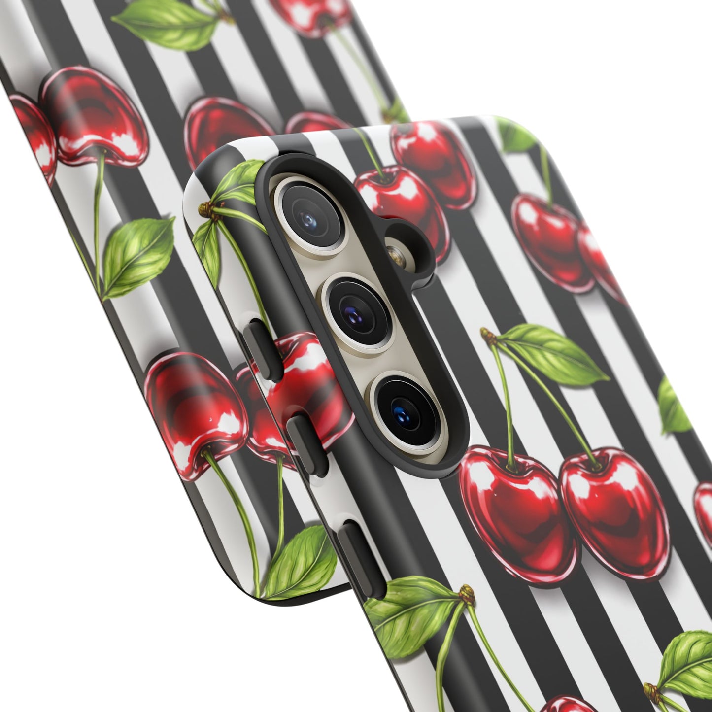 Cherry Pattern Phone Case Black White Stripe Retro Aesthetic Tough Cover