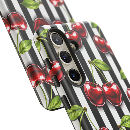 Cherry Pattern Phone Case Black White Stripe Retro Aesthetic Tough Cover