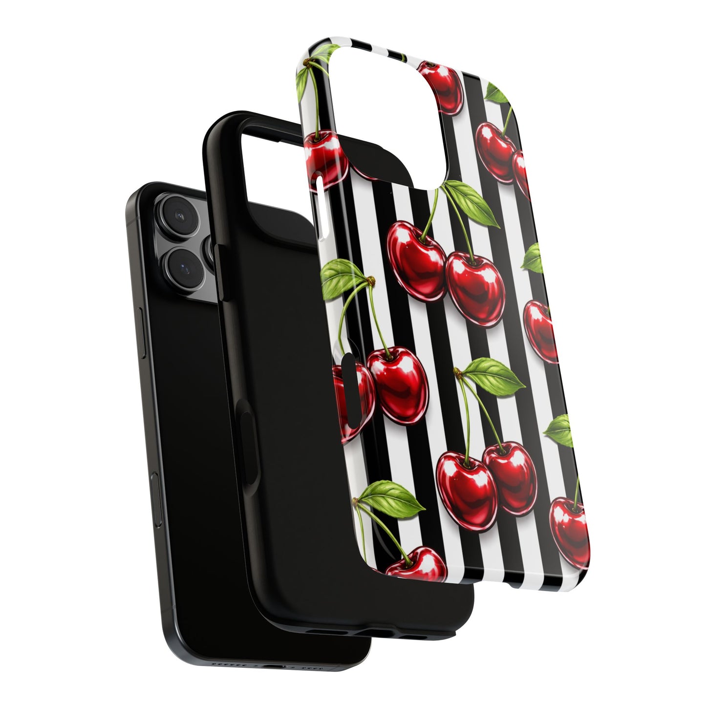 Cherry Pattern Phone Case Black White Stripe Retro Aesthetic Tough Cover