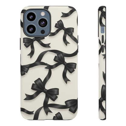 Black Ribbon Bow Phone Case, Minimal Bow Pattern Tough Protective Case