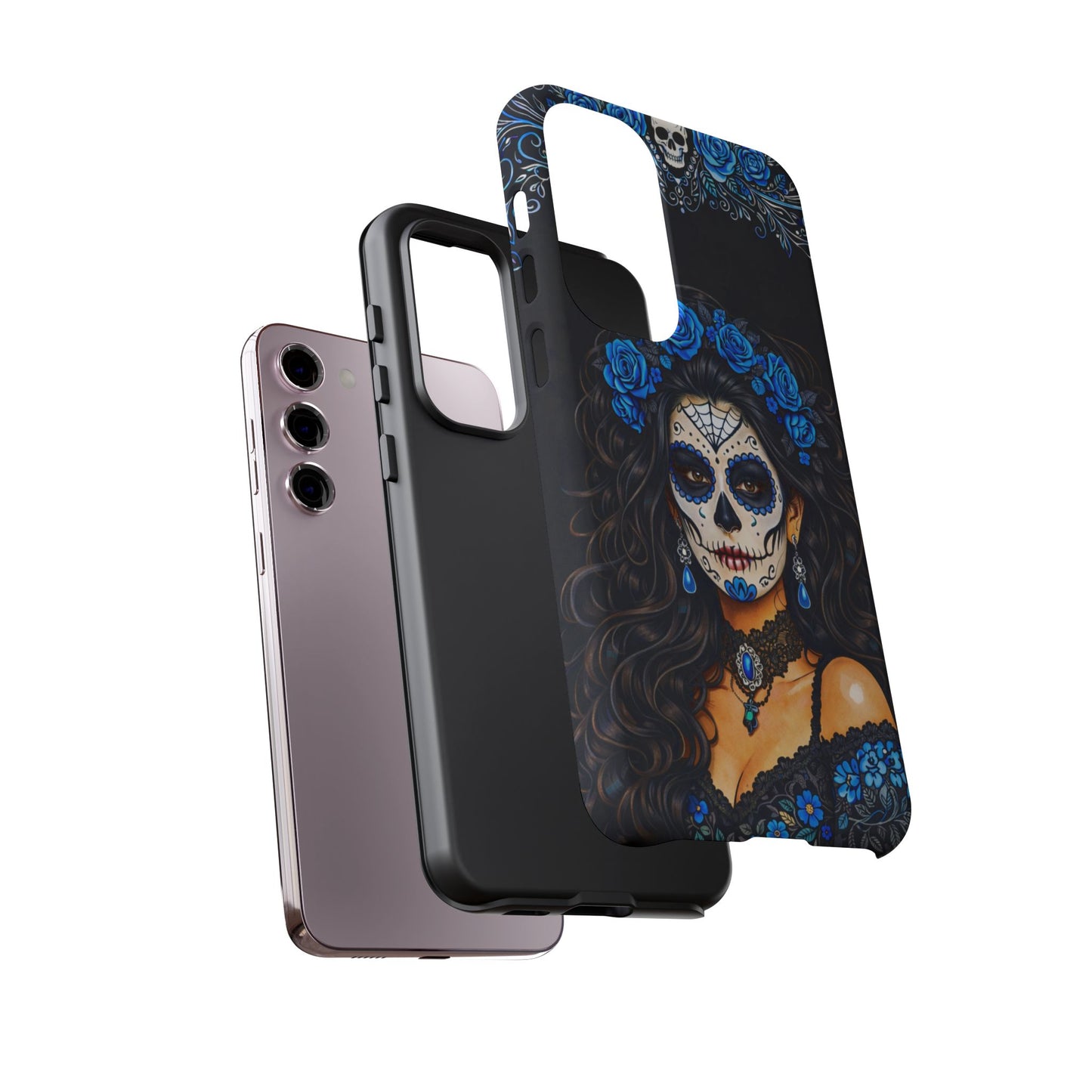 Blue Sugar Skull Woman Phone Case – Day of the Dead Aesthetic Tough Cover