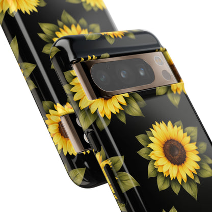 Sunflower Floral Tough Phone Case – Black Background Protective Cover for Iphone, Samsung Galaxy and Pixel
