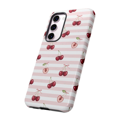Pink Cherry Stripe Phone Case | Cute Coquette Aesthetic Protective Tough Case