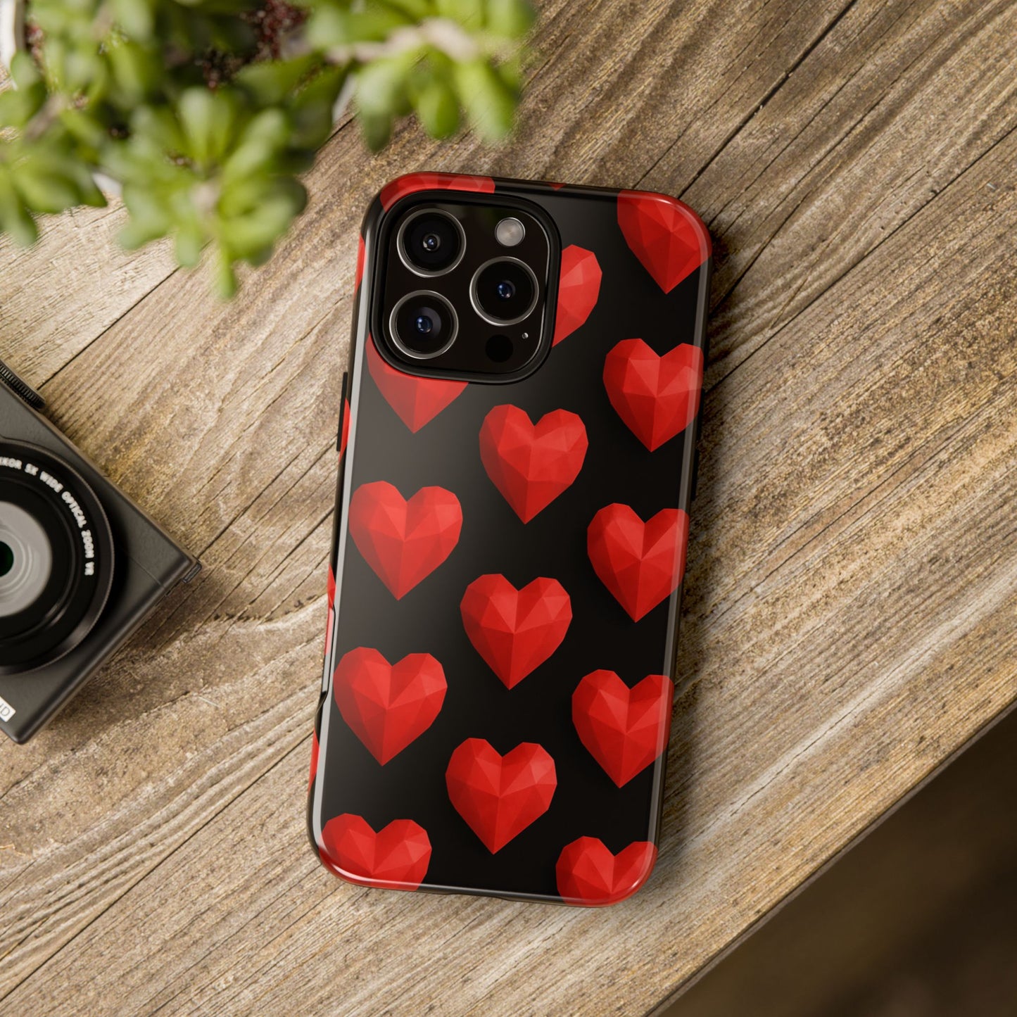 Red Heart Phone Case – Geometric Heart Pattern Tough Case (Black)