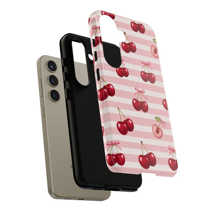 Coquette Cherry Bow Phone Case | Cute Pink Aesthetic Cherry Pattern Tough Case for iPhone & Samsung