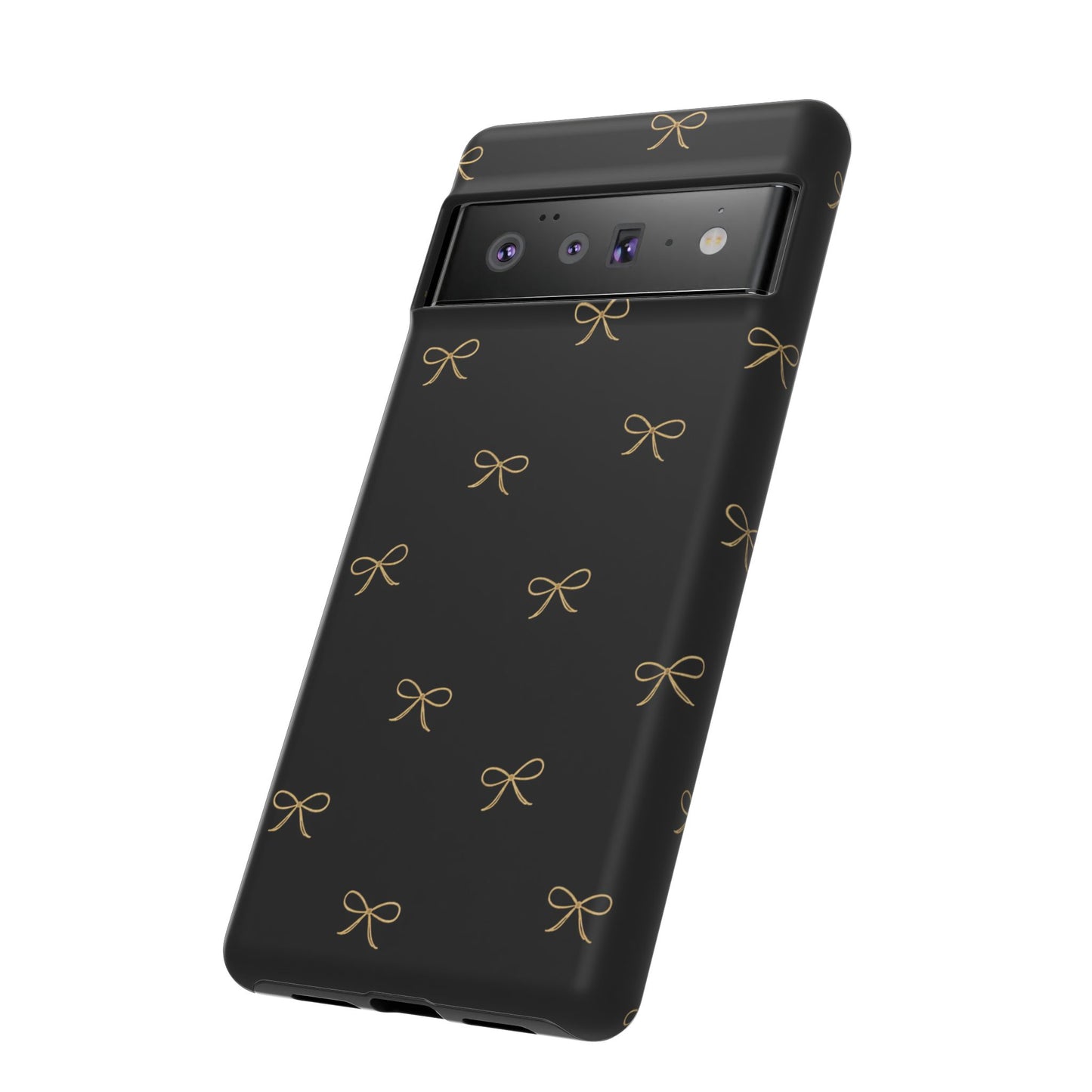 Black Phone Case with Gold Bow Pattern – Slim Protective Cute Aesthetic Cover for Iphone, Samsung Galaxy and Pixel