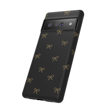 Black Phone Case with Gold Bow Pattern – Slim Protective Cute Aesthetic Cover for Iphone, Samsung Galaxy and Pixel