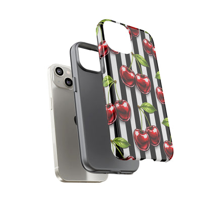 Cherry Pattern Phone Case Black White Stripe Retro Aesthetic Tough Cover