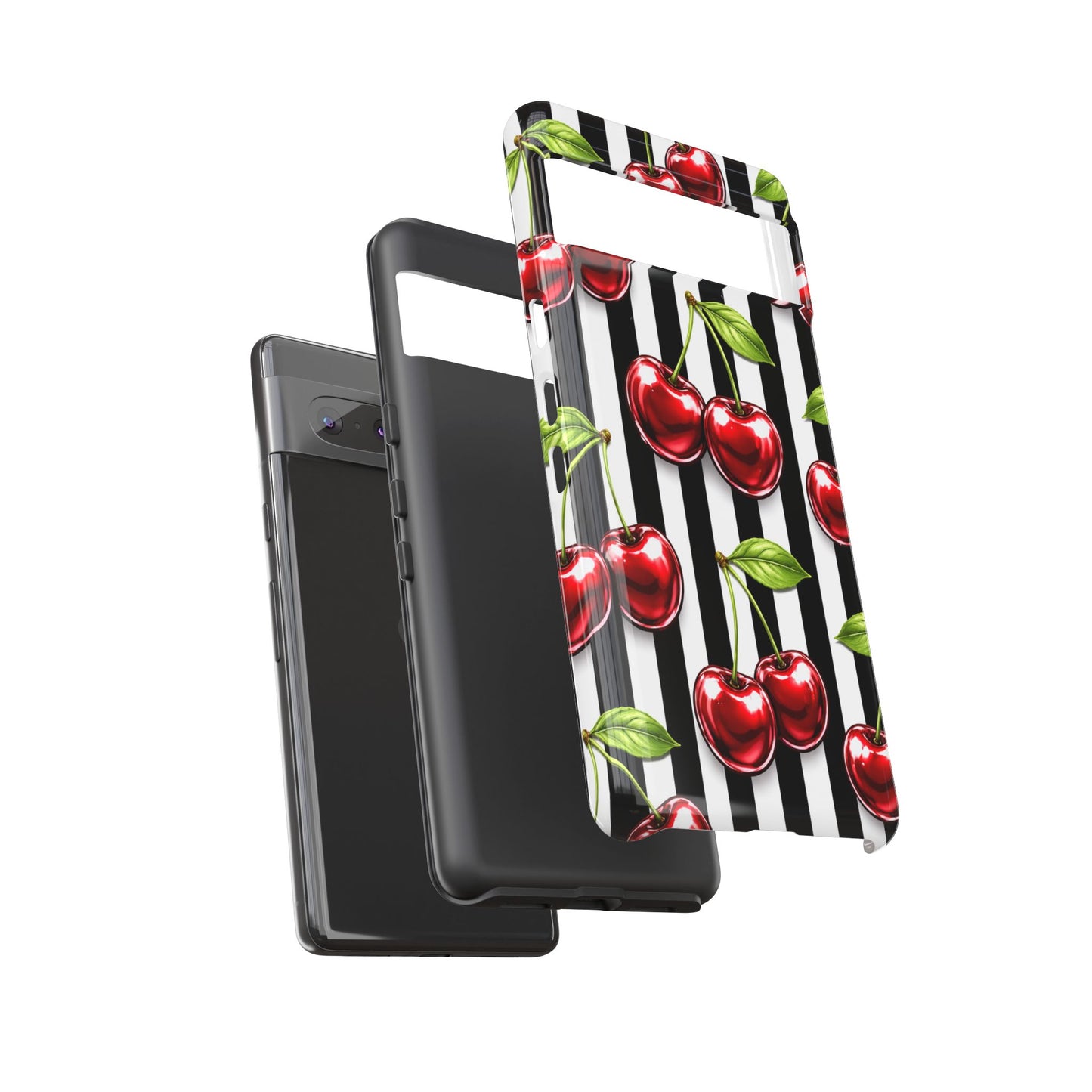 Cherry Pattern Phone Case Black White Stripe Retro Aesthetic Tough Cover