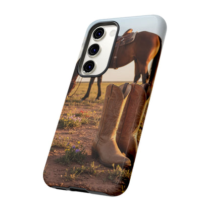 Western Cowboy Boots Phone Case – Rustic Horse Sunset Tough Case (iPhone, Samsung, Pixel)
