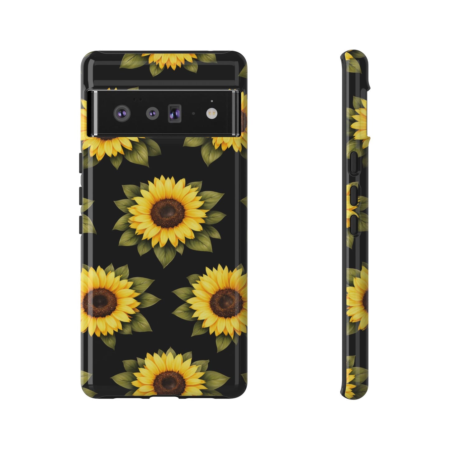Sunflower Floral Tough Phone Case – Black Background Protective Cover for Iphone, Samsung Galaxy and Pixel