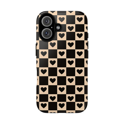 Checkerboard Heart Phone Case – Black & Beige Cute Aesthetic Protective Cover for Iphone, Samsung Galaxy and Pixel