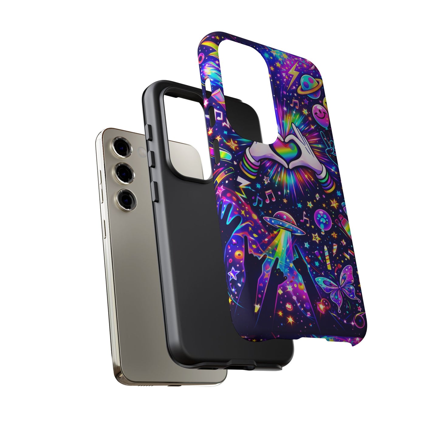Rainbow Heart Hands Phone Case – Neon Galaxy EDM Festival Tough Cover