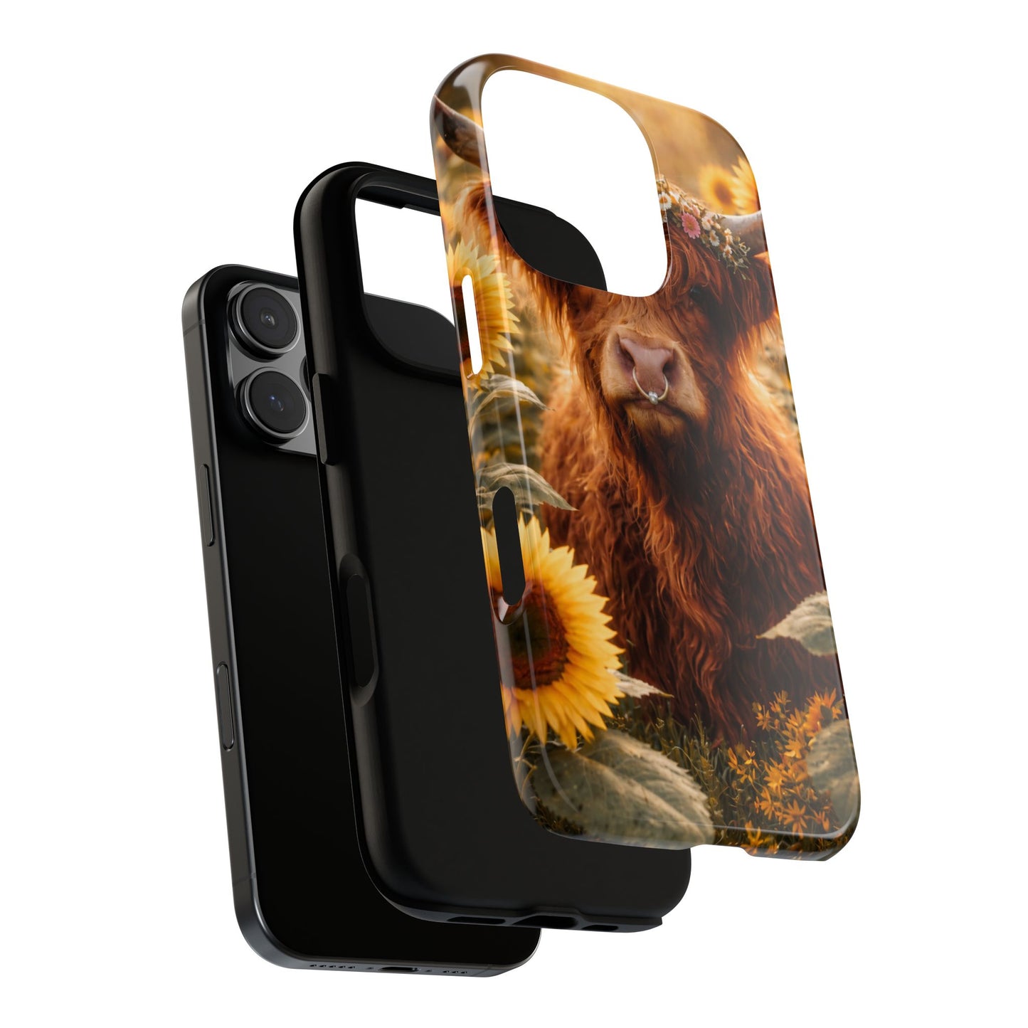 Highland Cow Sunflower Phone Case | Floral Farmhouse iPhone, Samsung Galaxy and Pixel Cover