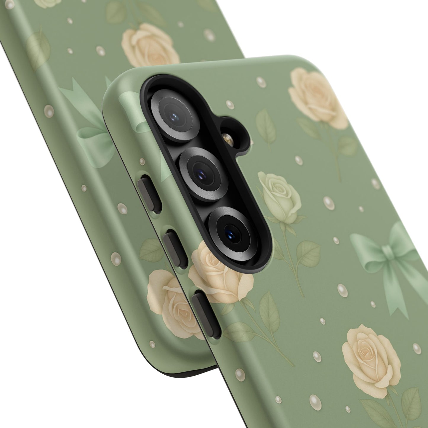 Vintage Rose Bow Phone Case – Sage Green Floral Coquette Aesthetic Tough Case (iPhone, Samsung, Pixel)