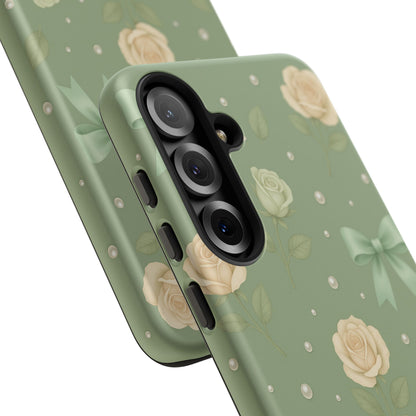 Vintage Rose Bow Phone Case – Sage Green Floral Coquette Aesthetic Tough Case (iPhone, Samsung, Pixel)