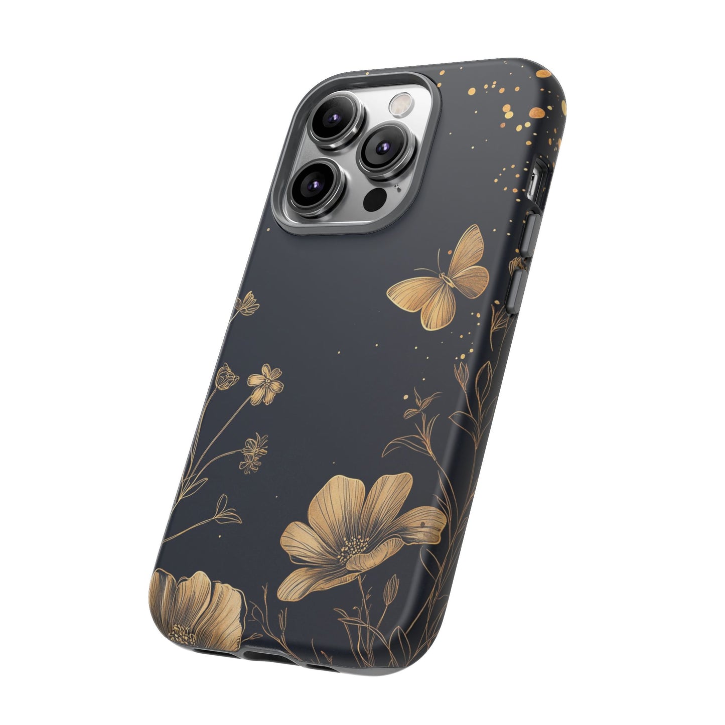 Gold Floral Butterfly Phone Case, Dark Aesthetic Botanical, Elegant Black Luxury iPhone Samsung Cover
