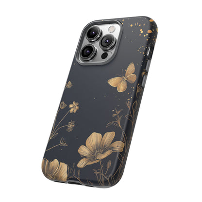 Gold Floral Butterfly Phone Case, Dark Aesthetic Botanical, Elegant Black Luxury iPhone Samsung Cover