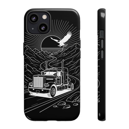Trucker Highway Phone Case | Eagle & Mountain Line Art | Black Western Tough Case