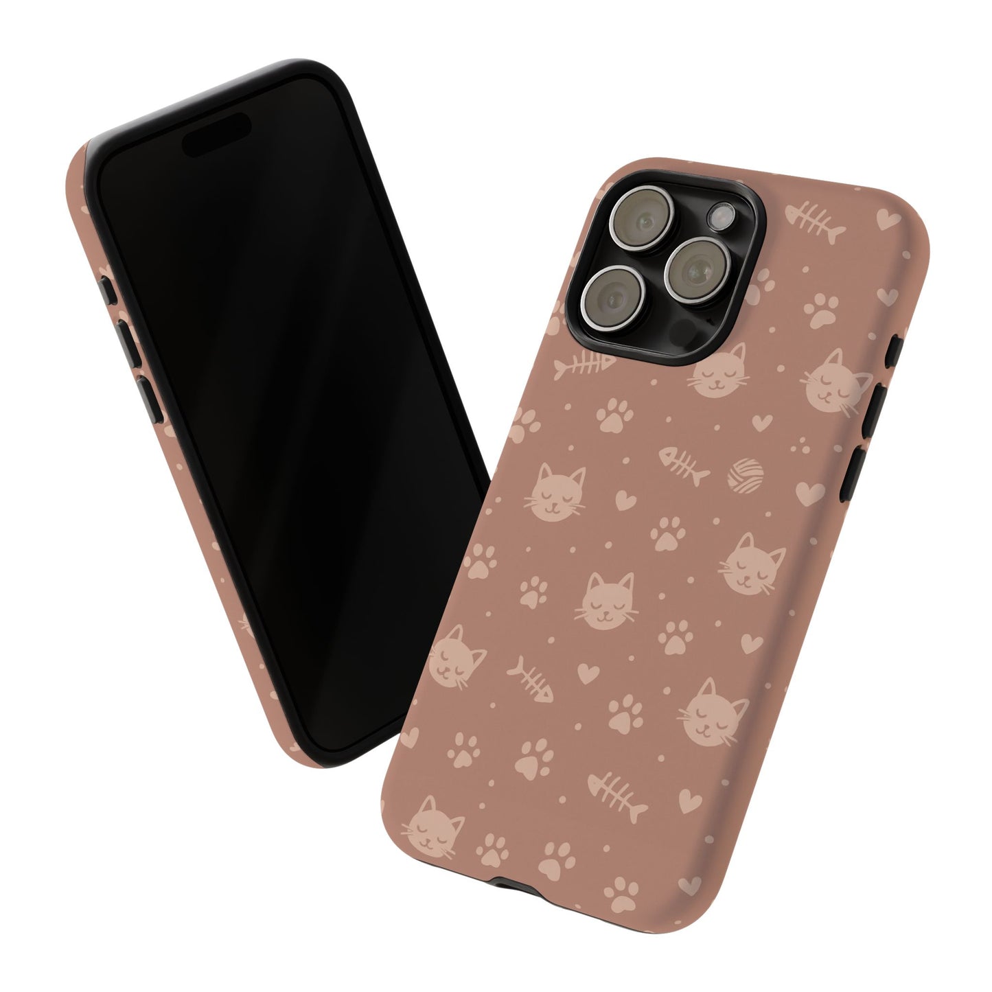 Cute Cat Pattern Phone Case | Paw Prints, Fishbone & Yarn Design Tough Case