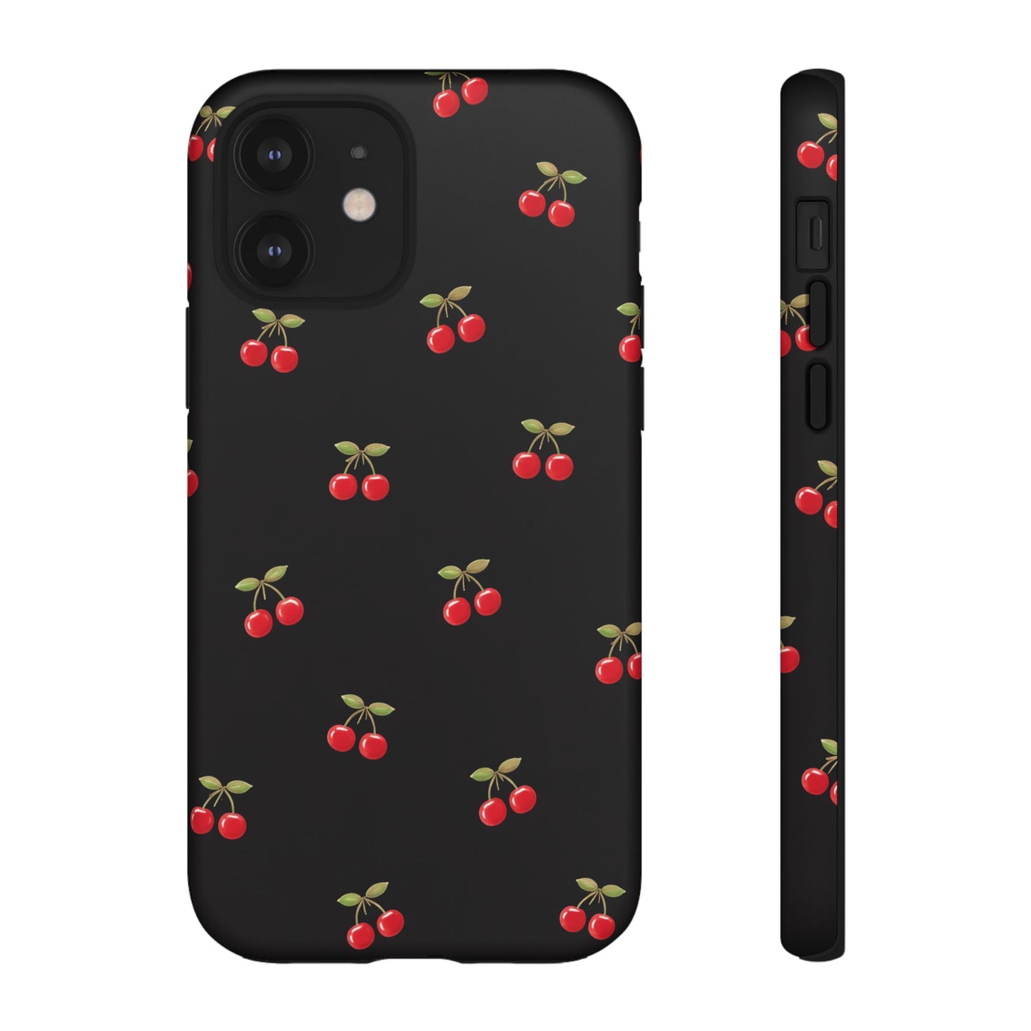 Cherry Pattern Phone Case — Slim Black Protective iPhone Case with Red Cherries for Iphone, Samsung Galaxy and Pixel