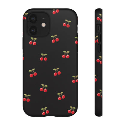 Cherry Pattern Phone Case — Slim Black Protective iPhone Case with Red Cherries for Iphone, Samsung Galaxy and Pixel