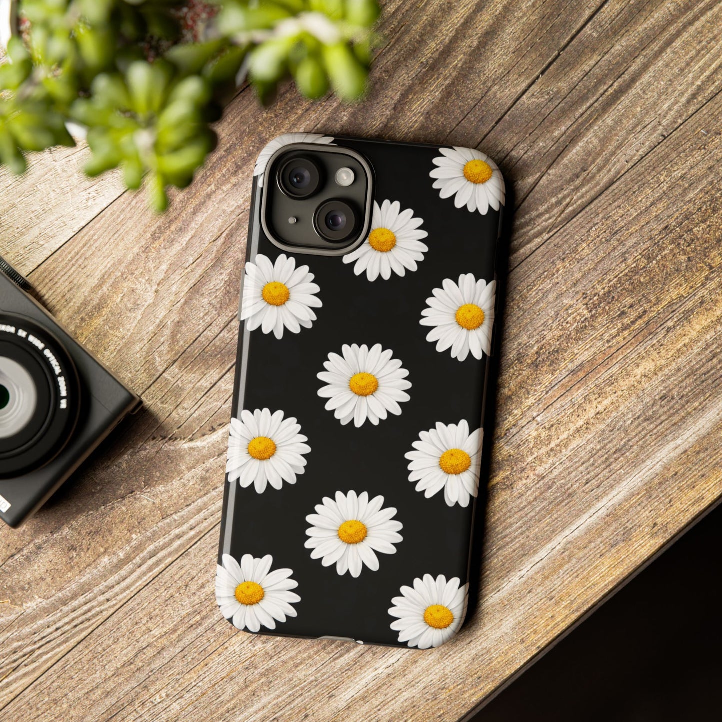 Black Daisy Floral Tough Phone Case – Cute Protective Cover for Iphone, Samsung Galaxy and Pixel