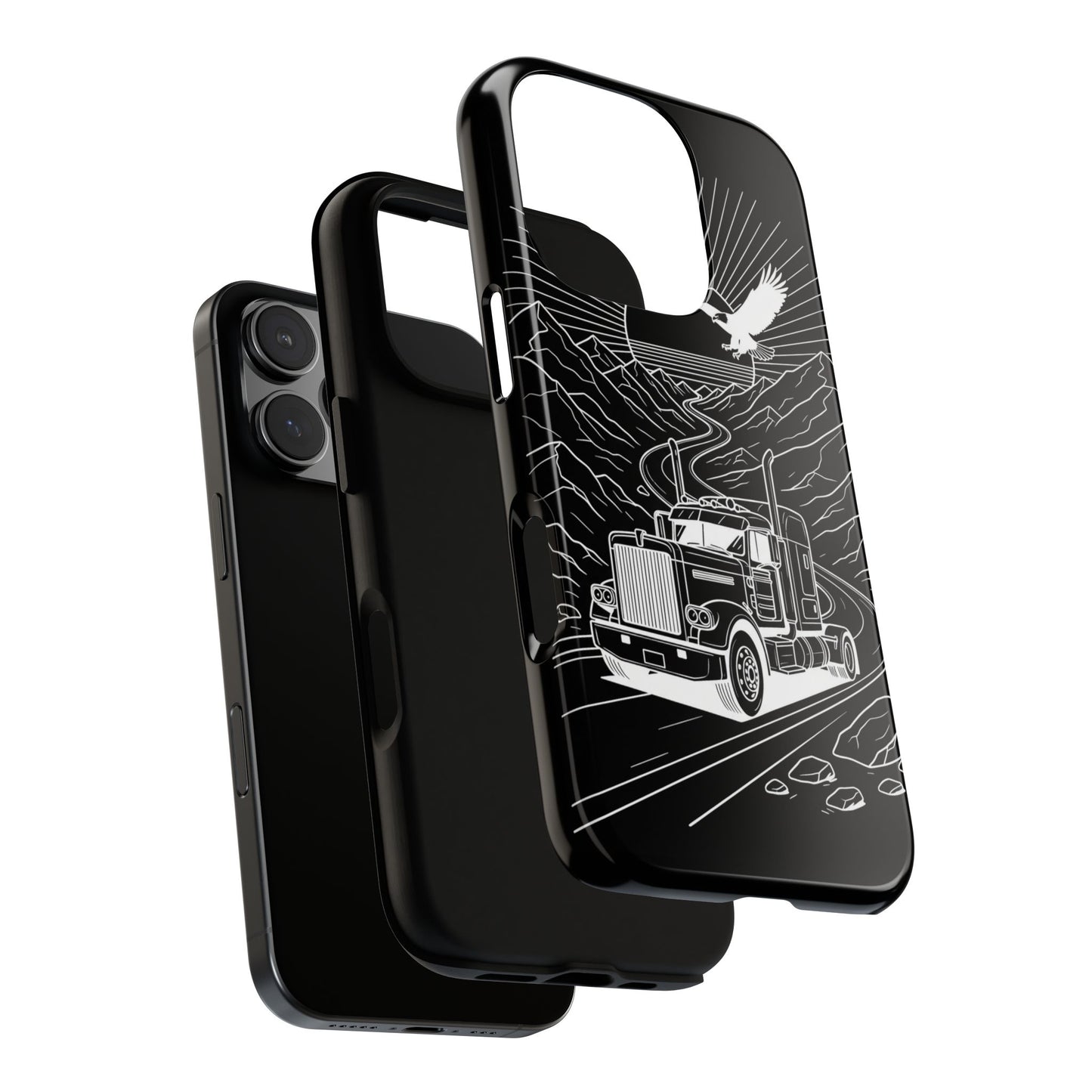 Trucker Highway Phone Case | Eagle & Mountain Line Art | Black Western Tough Case