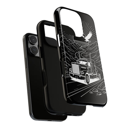 Trucker Highway Phone Case | Eagle & Mountain Line Art | Black Western Tough Case