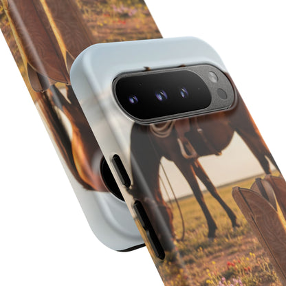 Western Cowboy Boots Phone Case – Rustic Horse Sunset Tough Case (iPhone, Samsung, Pixel)