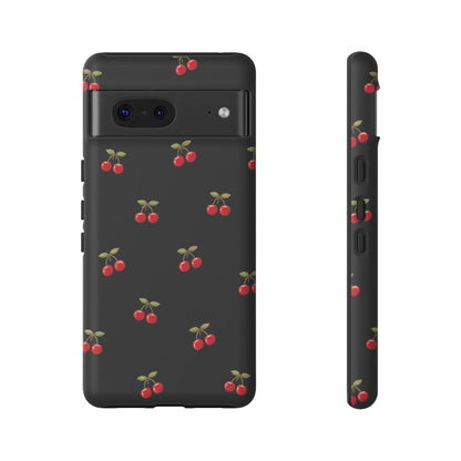 Cherry Pattern Phone Case — Slim Black Protective iPhone Case with Red Cherries for Iphone, Samsung Galaxy and Pixel