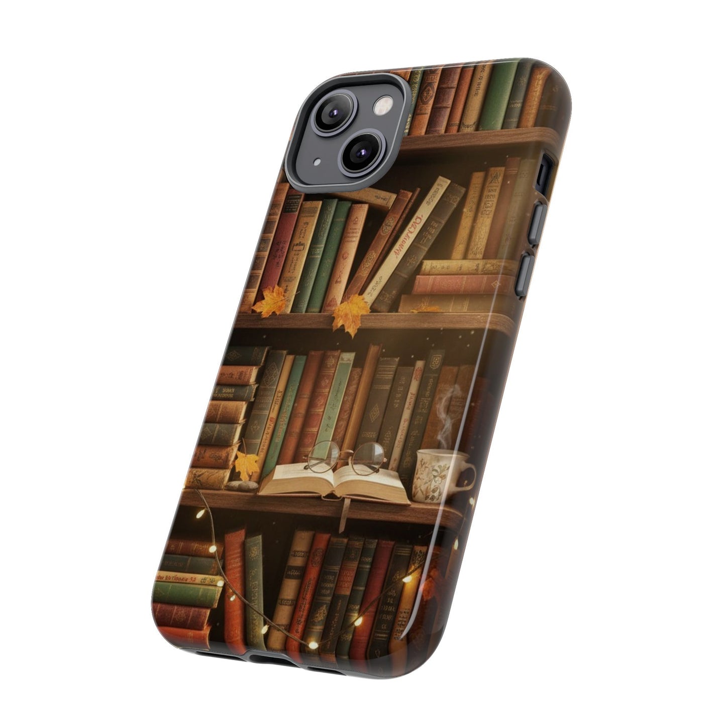 Cozy Vintage Bookshelf Phone Case, Library Aesthetic Book Stack, Autumn Coffee Vibes (iPhone, Samsung, Pixel)