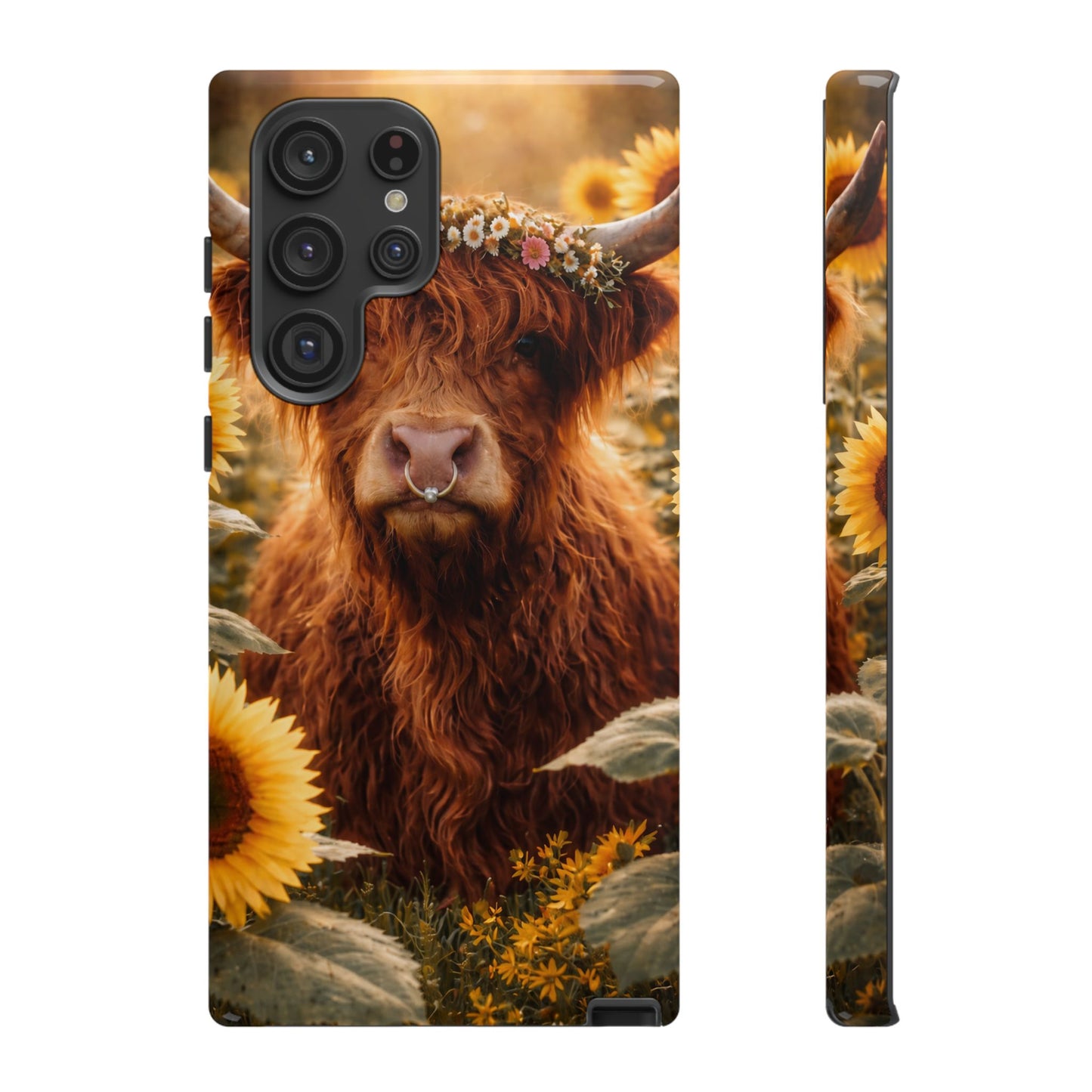 Highland Cow Sunflower Phone Case | Floral Farmhouse iPhone, Samsung Galaxy and Pixel Cover