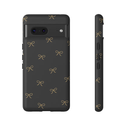 Black Phone Case with Gold Bow Pattern – Slim Protective Cute Aesthetic Cover for Iphone, Samsung Galaxy and Pixel