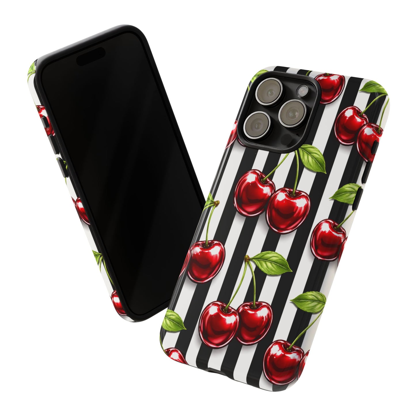 Cherry Pattern Phone Case Black White Stripe Retro Aesthetic Tough Cover