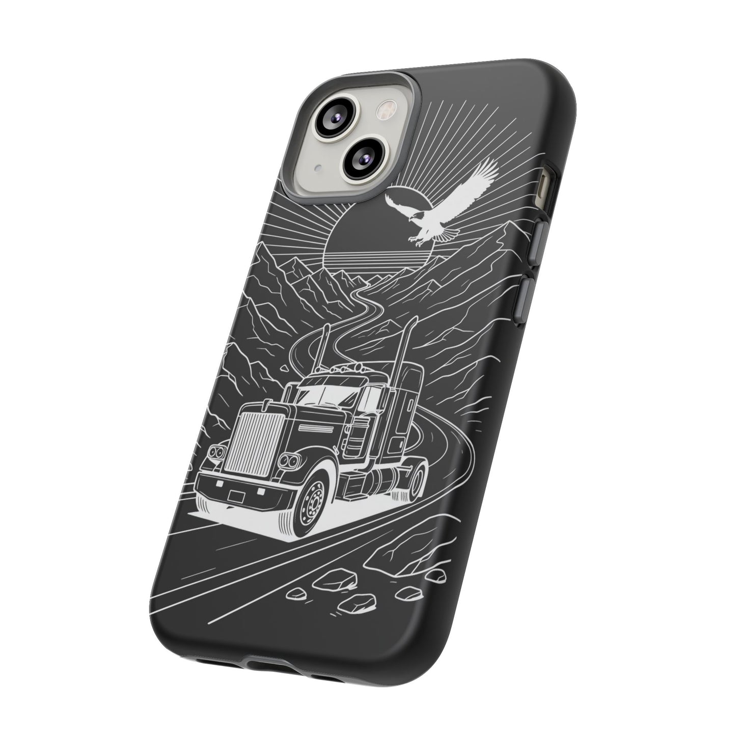 Trucker Highway Phone Case | Eagle & Mountain Line Art | Black Western Tough Case