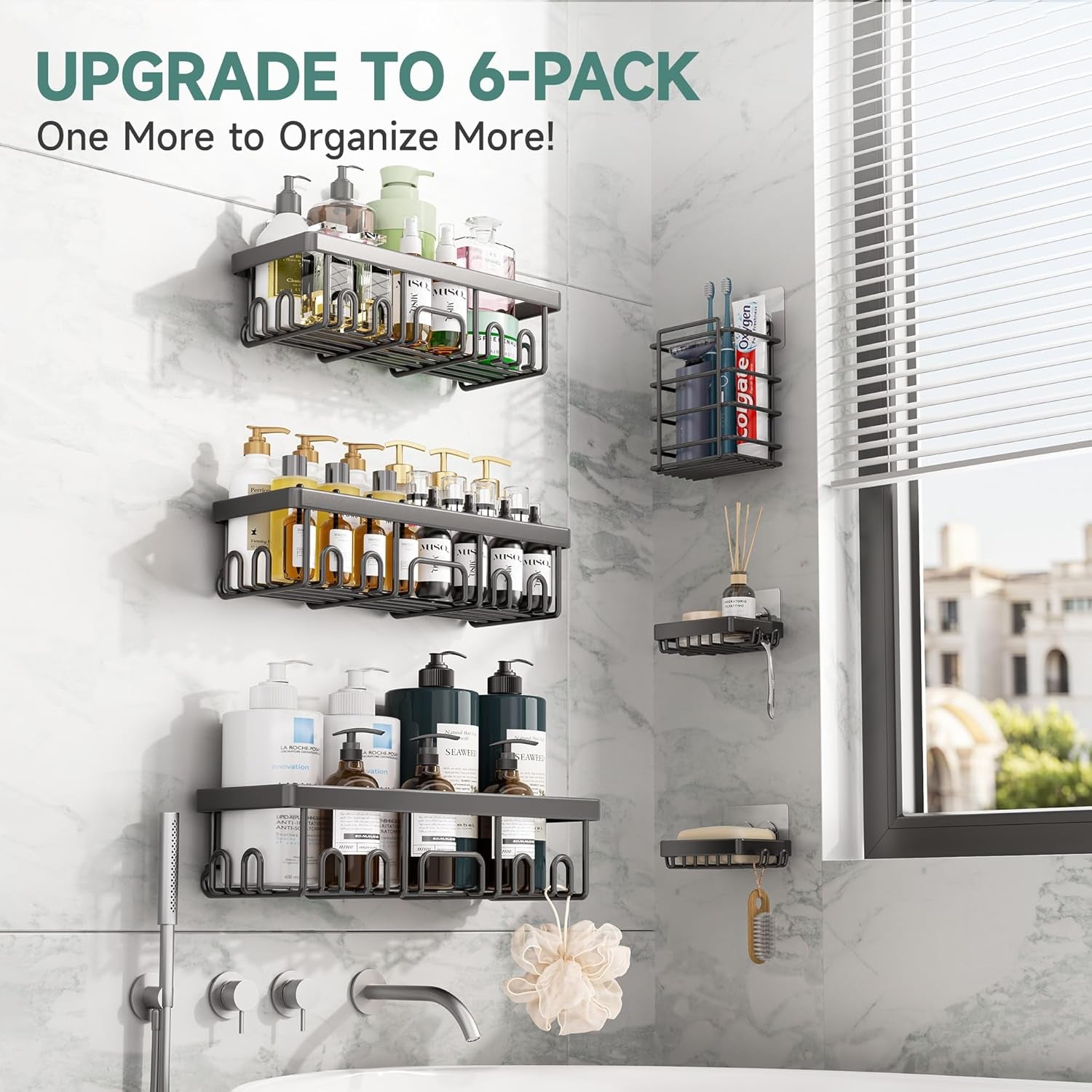 Rustproof & Waterproof Shower Caddy 6-Pack, No Drilling Adhesive Shelves Rack with Soap Holder, Large Capacity Bathroom Organizers and Storage, Wall-Mounted Kitchen & Home Decor