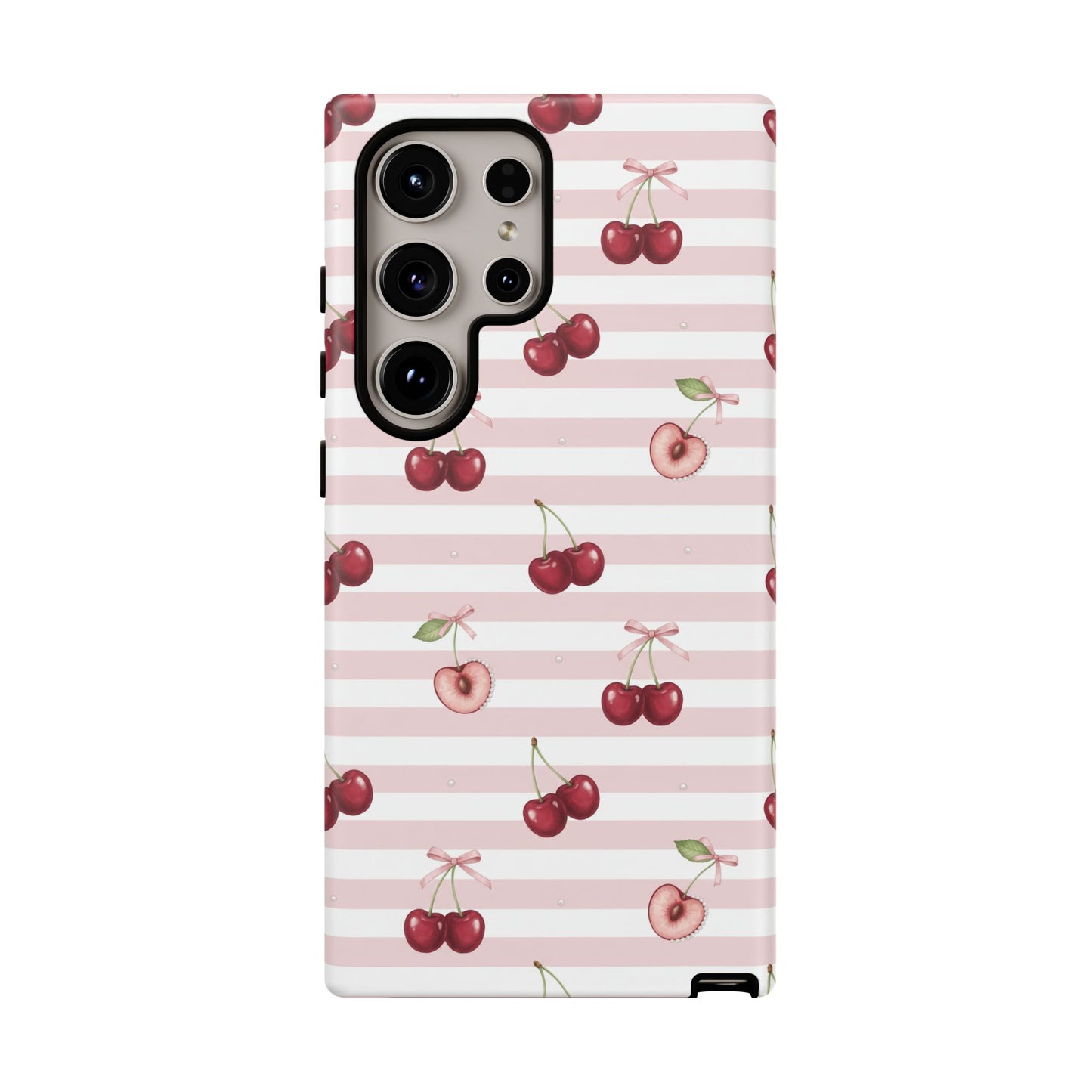 Pink Cherry Stripe Phone Case | Cute Coquette Aesthetic Protective Tough Case