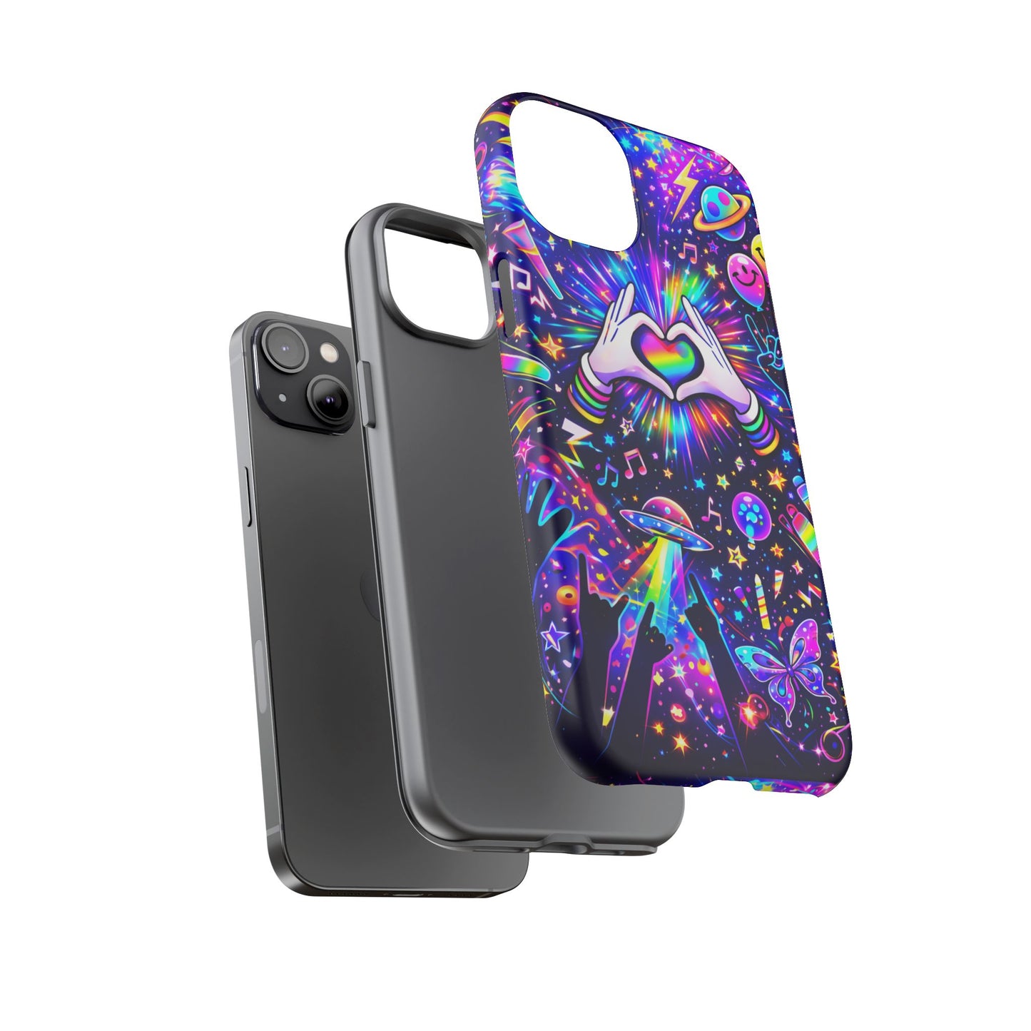 Rainbow Heart Hands Phone Case – Neon Galaxy EDM Festival Tough Cover