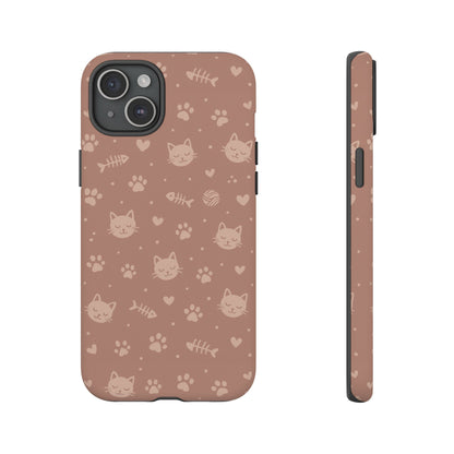 Cute Cat Pattern Phone Case | Paw Prints, Fishbone & Yarn Design Tough Case